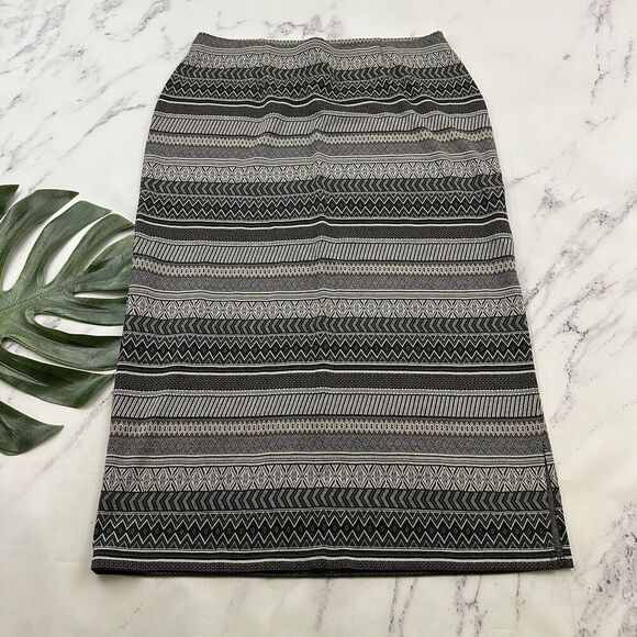 J Jill Knit Midi Skirt Size L Gray Black Stripe Pull On Side Slit Pencil Stretch - Picture 1 of 10